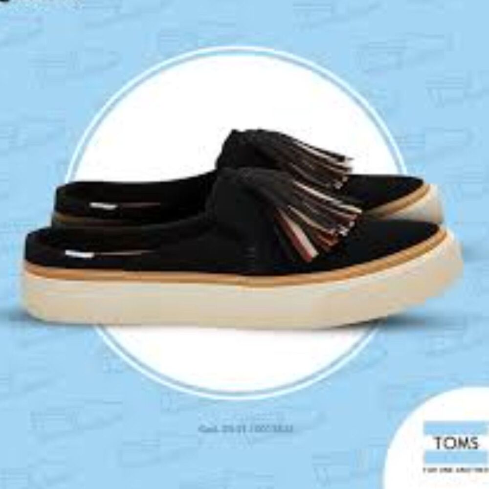 Toms Women Sunrise Black Suede Tassel Slip On Mule Sneaker Shoes Size 7.5 Preppy